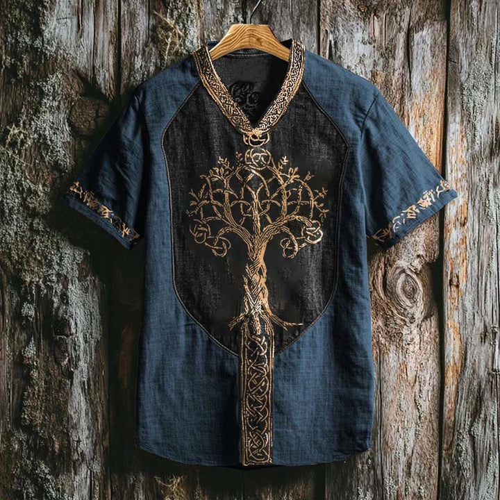 WorldNorse Viking Retro Yggdrasil Celtic Knot Linen V-neck T Shirt - Blue - US/UK/AU50，EU60 (5XL) - image 3