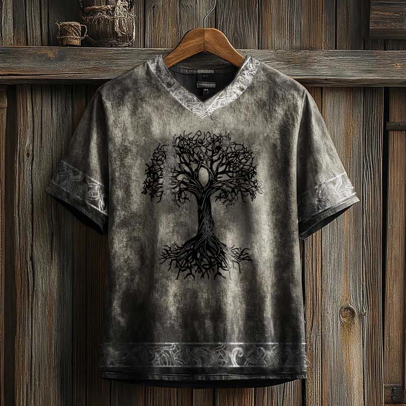 WorldNorse Celtic Knot Tree Of Life Printed Linen V-neck T Shirt - Grey - US/UK/AU50，EU60 (5XL) - image 0