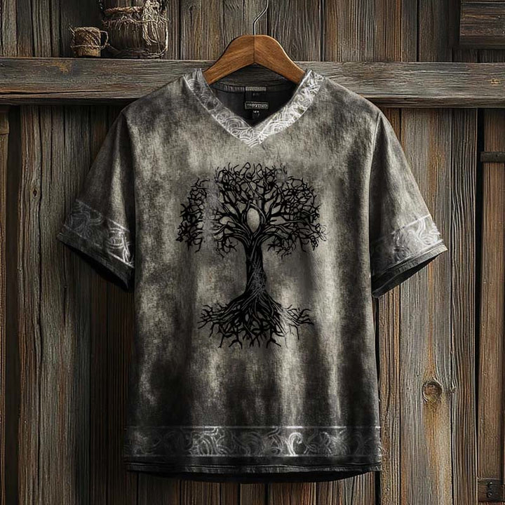 WorldNorse Celtic Knot Tree Of Life Printed Linen V-neck T Shirt - Grey - US/UK/AU50，EU60 (5XL) - image 0