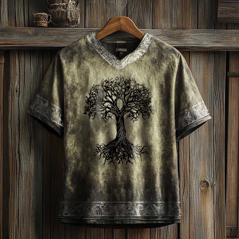 WorldNorse Celtic Knot Tree Of Life Printed Linen V-neck T Shirt - Khaki - US/UK/AU50，EU60 (5XL) - image 2