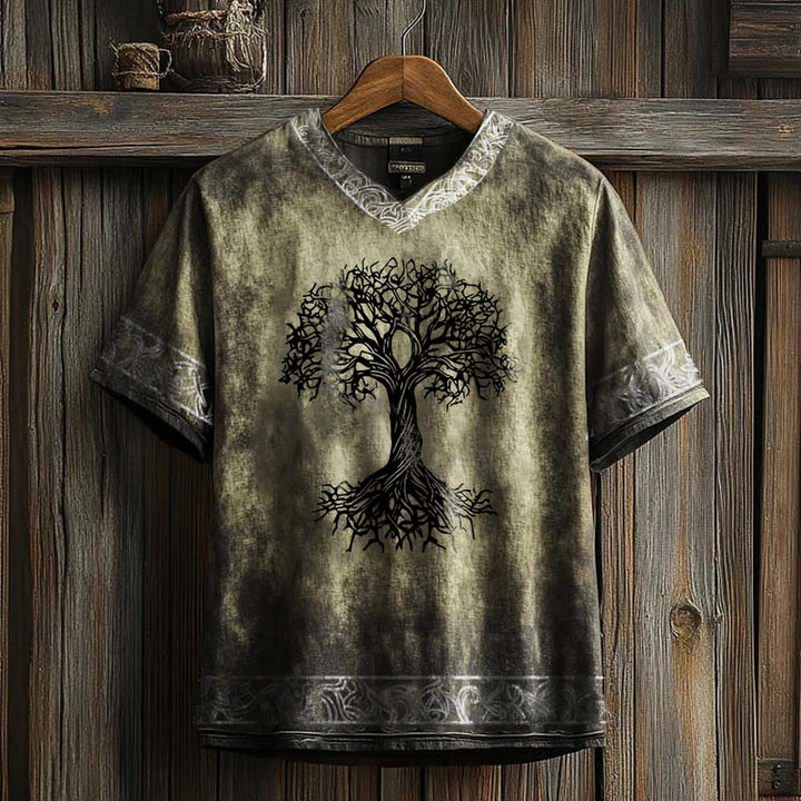 WorldNorse Celtic Knot Tree Of Life Printed Linen V-neck T Shirt - Khaki - US/UK/AU50，EU60 (5XL) - image 2