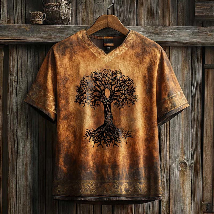 WorldNorse Celtic Knot Tree Of Life Printed Linen V-neck T Shirt - Orange & Brown - US/UK/AU50，EU60 (5XL) - image 4