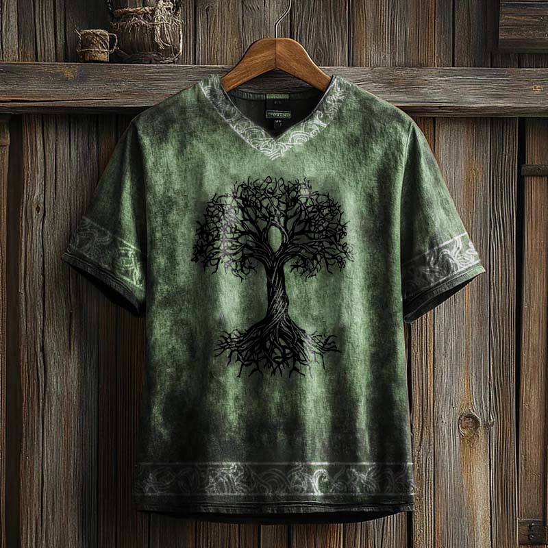 WorldNorse Celtic Knot Tree Of Life Printed Linen V-neck T Shirt - Green - US/UK/AU50，EU60 (5XL) - image 3