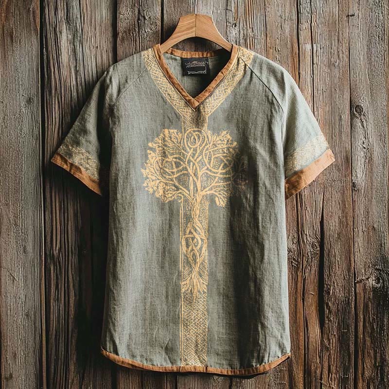 WorldNorse Viking Vintage Gold Tree Of Life Linen V-neck T Shirt - US/UK/AU50，EU60 (5XL) - image 0