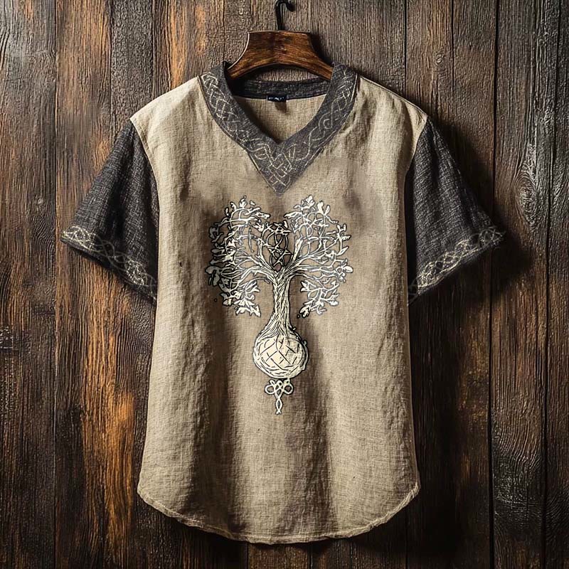 WorldNorse Men's Yggdrasil Totem Linen V-neck T Shirt - US/UK/AU50，EU60 (5XL) - image 0