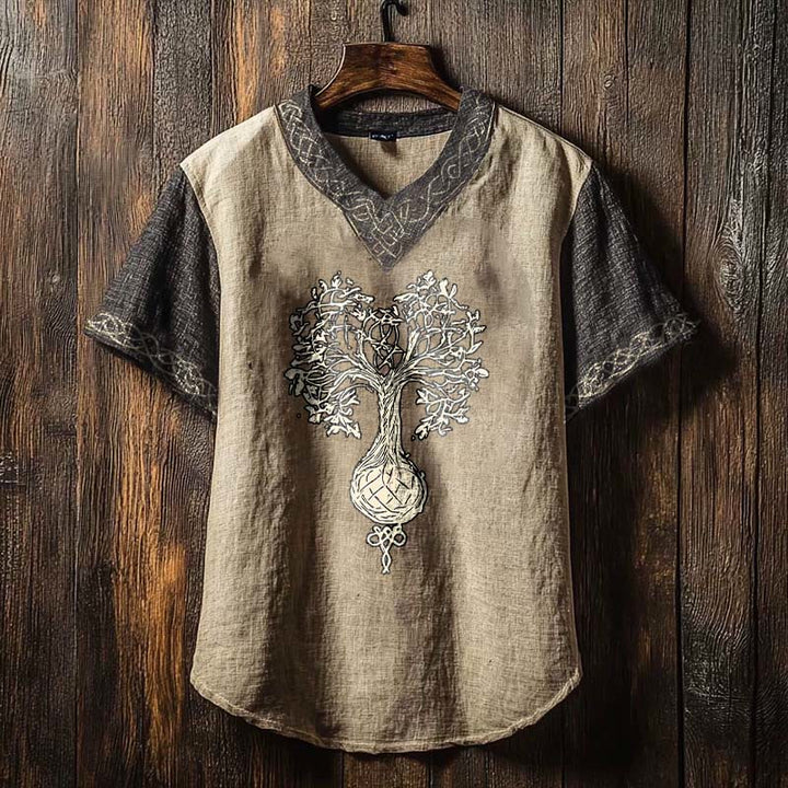 WorldNorse Men's Yggdrasil Totem Linen V-neck T Shirt - US/UK/AU50，EU60 (5XL) - image 0