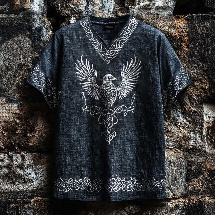 WorldNorse Viking Mythology Raven Celtic Knot Linen V-neck T Shirt - US/UK/AU50，EU60 (5XL) - image 0