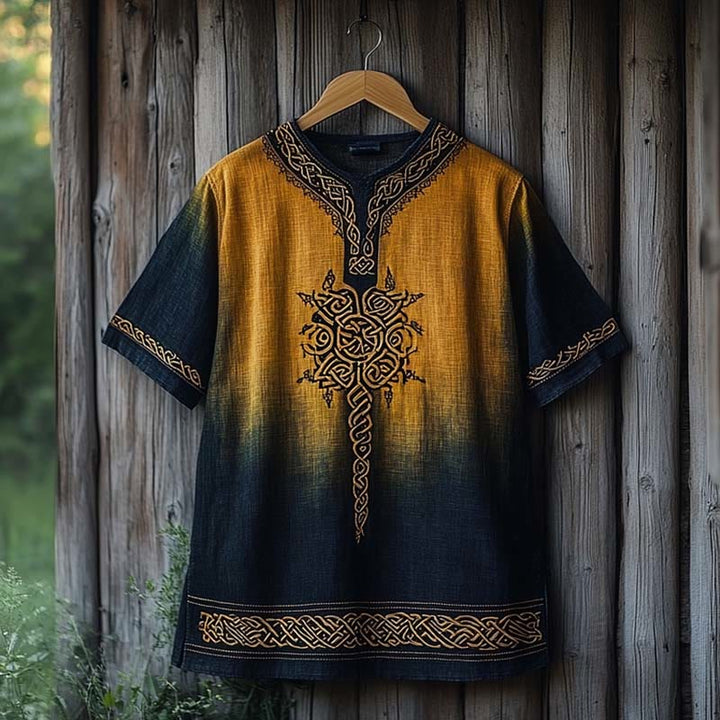 WorldNorse Viking Celtic Knot Printed Gradient Linen V-neck T Shirt - Blue & Yellow - US/UK/AU50，EU60 (5XL) - image 0