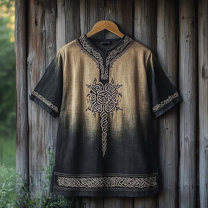 WorldNorse Viking Celtic Knot Printed Gradient Linen V-neck T Shirt - Khaki & Black - US/UK/AU50，EU60 (5XL) - image 2