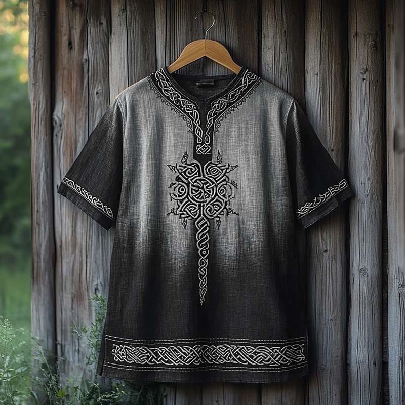 WorldNorse Viking Celtic Knot Printed Gradient Linen V-neck T Shirt - Grey & Black - US/UK/AU50，EU60 (5XL) - image 1