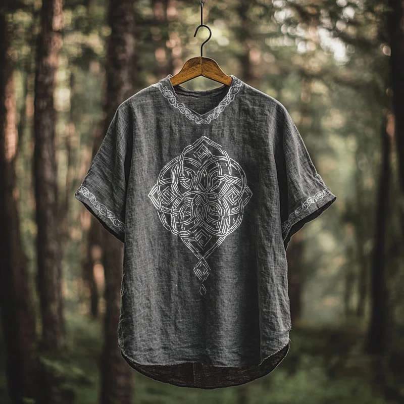 WorldNorse Viking Vintage Celtic Knot Linen V-neck T Shirt - US/UK/AU50，EU60 (5XL) - image 0