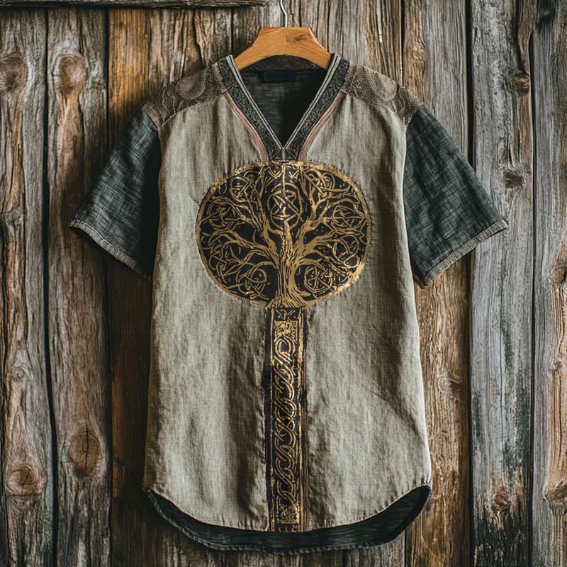 WorldNorse Gold Lush Tree Of Life Linen V-neck T Shirt - US/UK/AU50，EU60 (5XL) - image 0