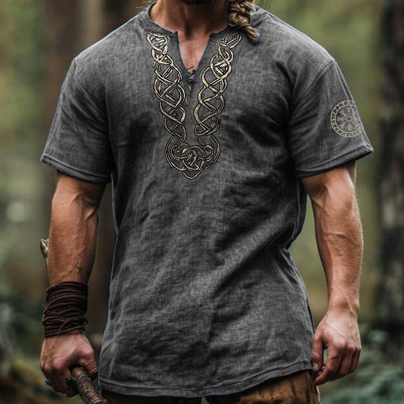 WorldNorse Viking Vintage Vegvisir Celtic Knot Linen V-neck Shirt - Grey - US/UK/AU50，EU60 (5XL) - image 1