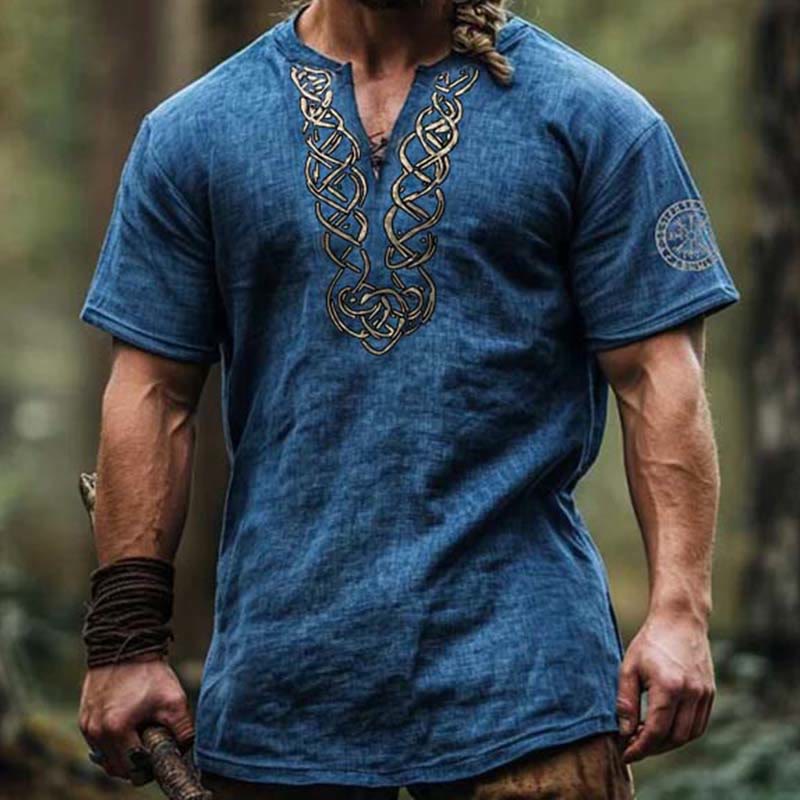 WorldNorse Viking Vintage Vegvisir Celtic Knot Linen V-neck Shirt - Blue - US/UK/AU50，EU60 (5XL) - image 0
