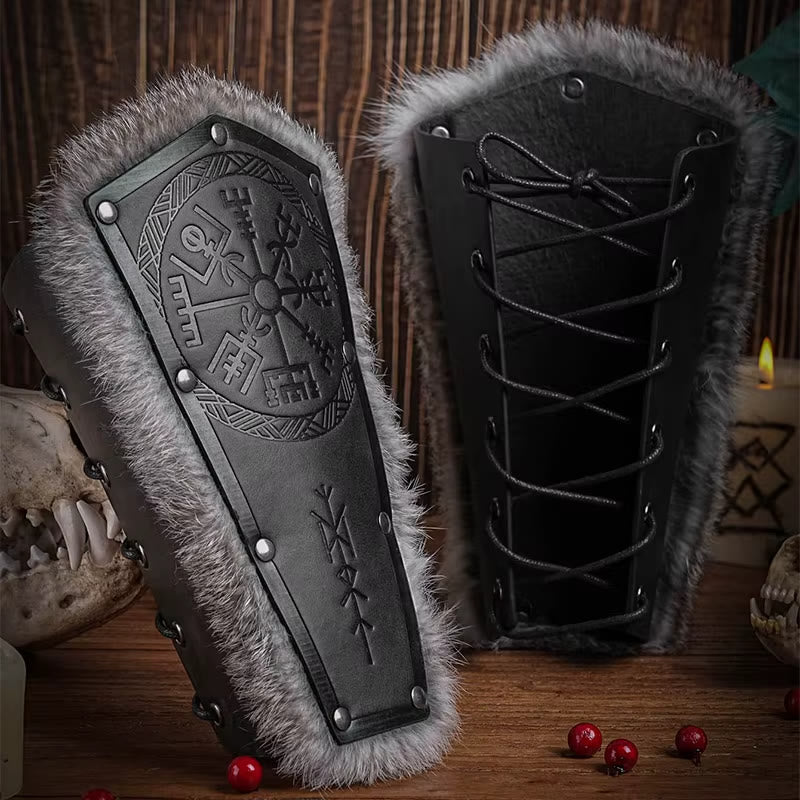 WorldNorse Medieval Retro Vegvisir Fur Arm Bracers - Black - image 2