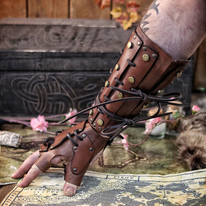 WorldNorse Rivets Lace Up Finger Covering Arm Bracers - Khaki - image 6