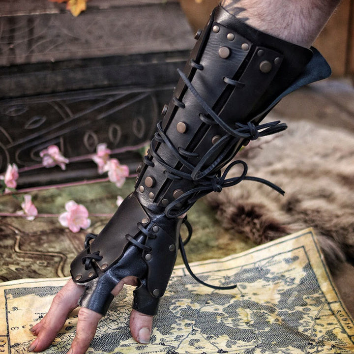 WorldNorse Rivets Lace Up Finger Covering Arm Bracers - Black - image 3