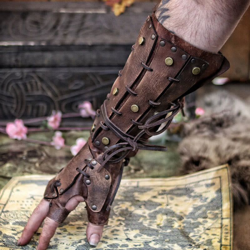 WorldNorse Rivets Lace Up Finger Covering Arm Bracers - Dark Brown - image 0
