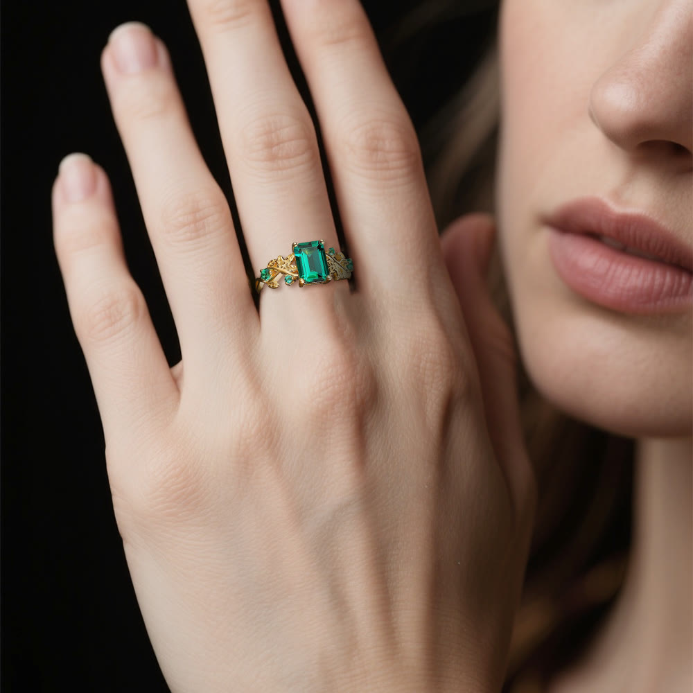 WorldNorse Gold Leaf Vine Emerald Yggdrasil Ring - image 1