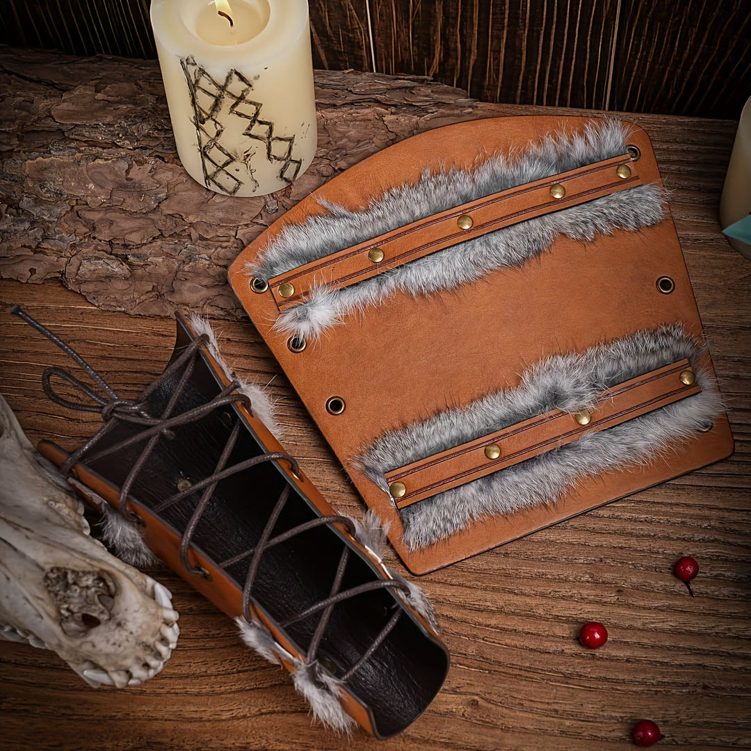 WorldNorse Medieval Knight Fur Trim Leather Arm Bracers - image 2