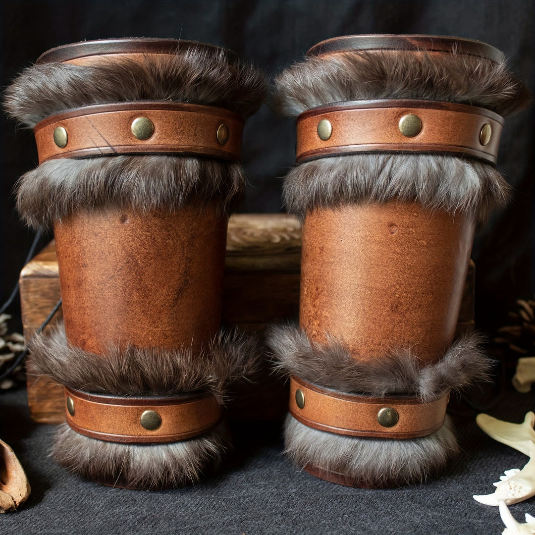 WorldNorse Medieval Knight Fur Trim Leather Arm Bracers - Brown - image 0