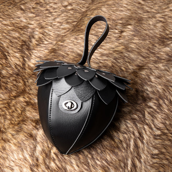 WorldNorse Artistic Acorn Shaped Leather Petal Decorated Pouch Bag - Chestnuts - Black - image 3