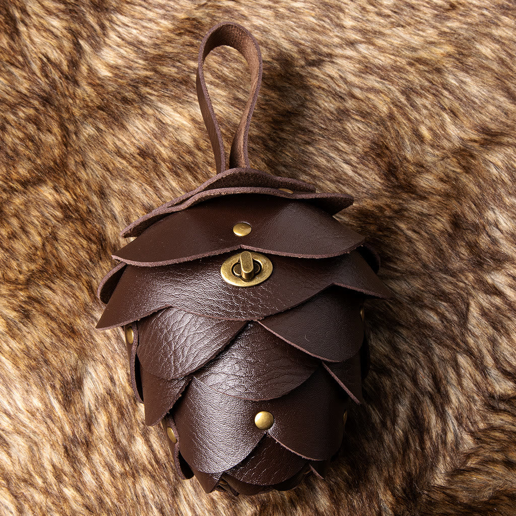 WorldNorse Artistic Acorn Shaped Leather Petal Decorated Pouch Bag - Pine Cones - Brown - image 2