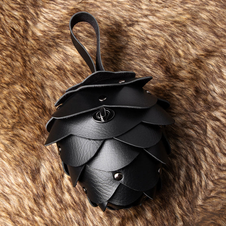 WorldNorse Artistic Acorn Shaped Leather Petal Decorated Pouch Bag - Pine Cones - Black - image 1