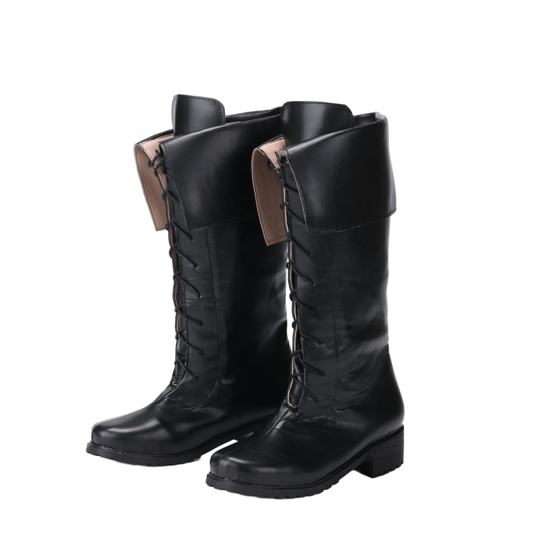 WorldNorse Vintage Lace Up Fold Over Knee High Boots - Black - 48 - image 0