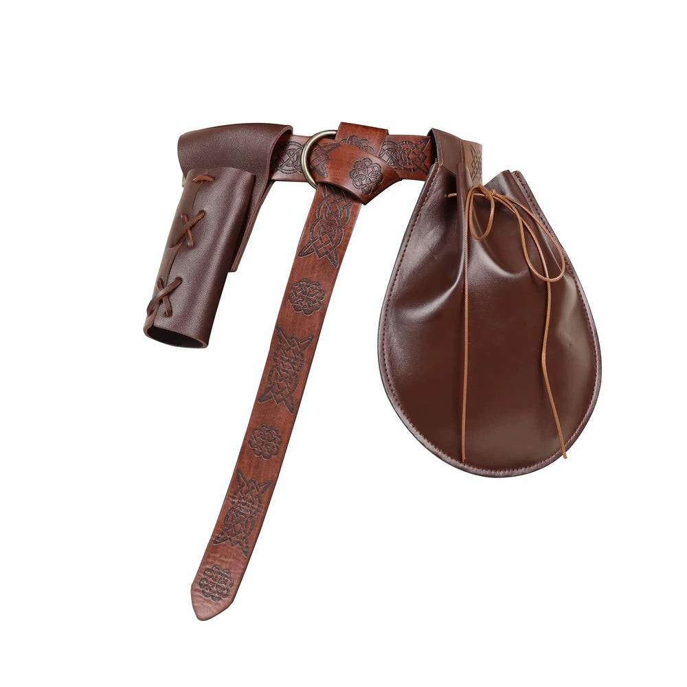 WorldNorse Celtic Pattern Embossed Leather Bag & Belt - Belt + Pouch + Scabbard - Brown - image 1