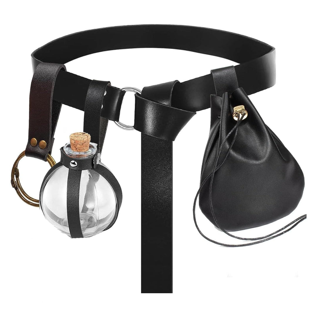 WorldNorse Medieval Leather Strapped Potion Flask Bag & Belt - Belt + Pouch + Magic Bottle + Keychain - Black - image 5