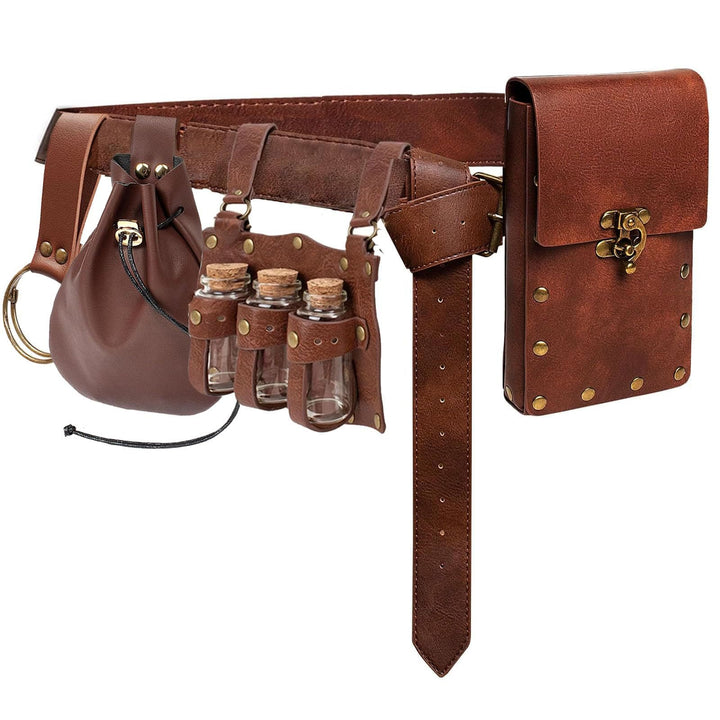 WorldNorse Medieval Potion Vial Riveted Bag & Belt - Belt + Pouch + Waist Bag+ Keychain + Cork Potion Bottle - Brown - image 0