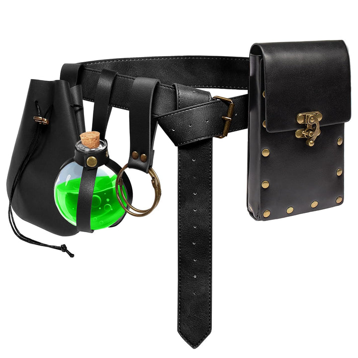 WorldNorse Gothic Potion Bottle Leather Riveted Bag & Belt - Belt + Pouch + Waist Bag + Magic Bottle + Keychain - Black - image 0