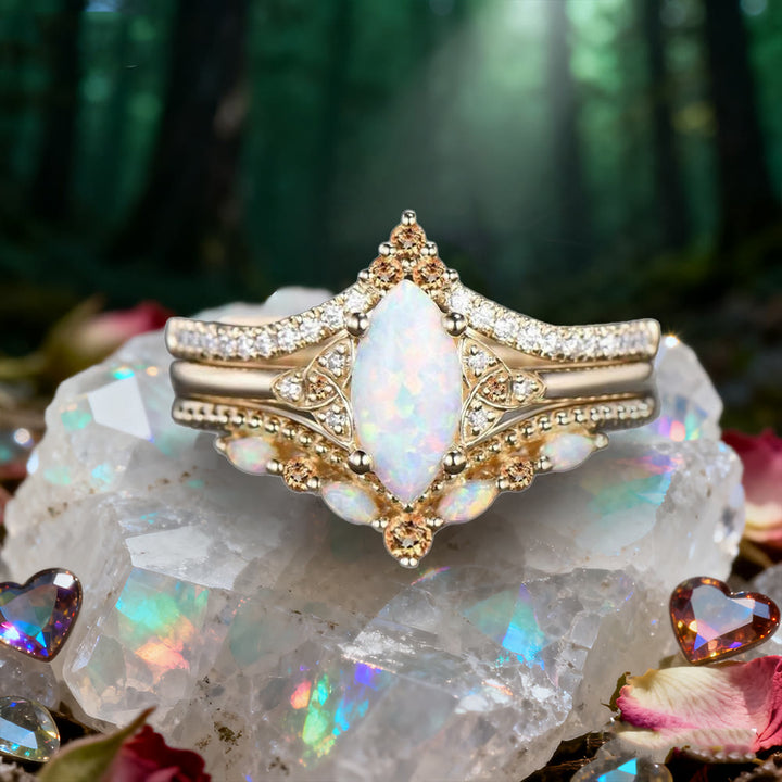 FREE Today: Marquise Opal and Emerald Three-Piece Ring Set - Opal#Color Gold - US 10 - image 5