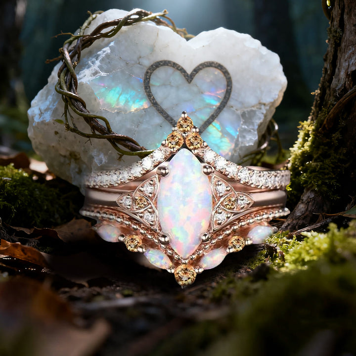 FREE Today: Marquise Opal and Emerald Three-Piece Ring Set - Opal#Color Rose Gold - US 10 - image 8