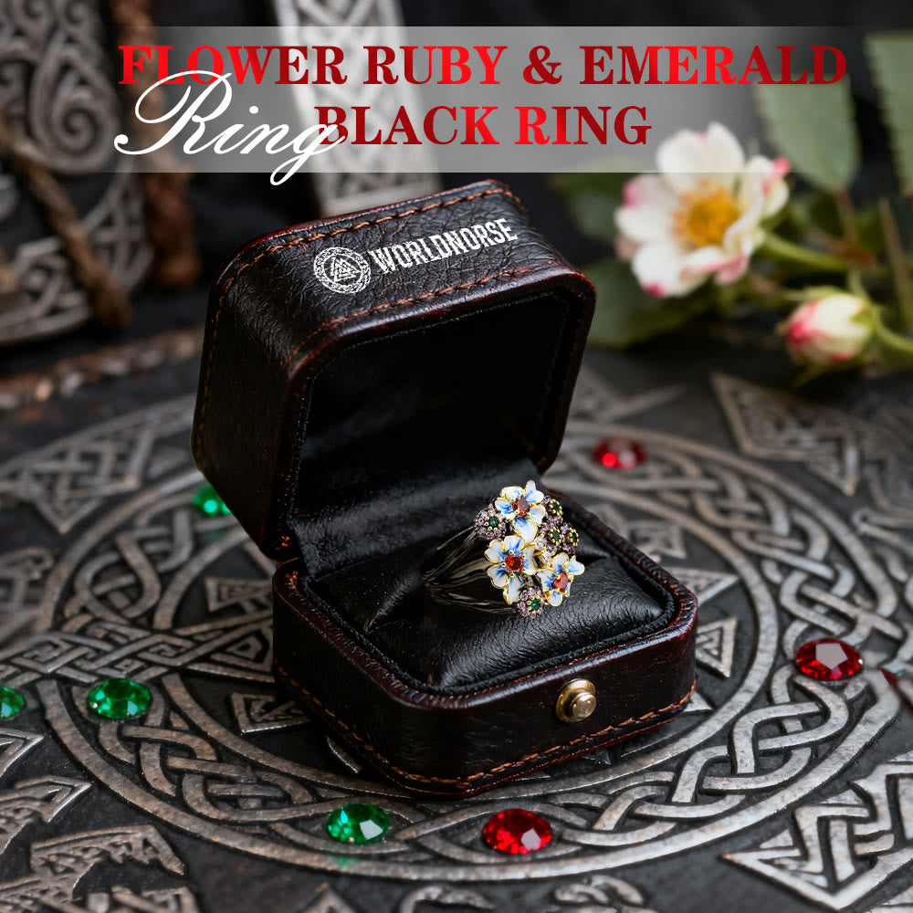 WorldNorse Flower Ruby & Emerald Black Ring - image 2