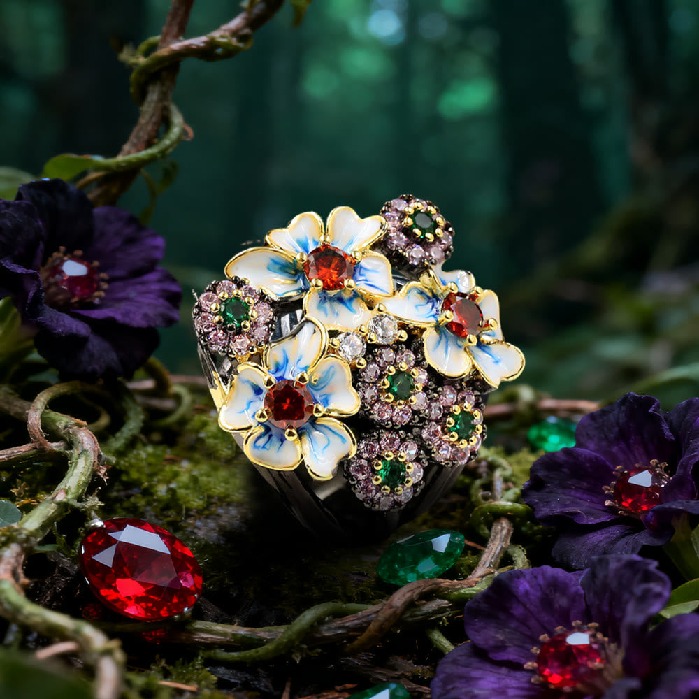WorldNorse Flower Ruby & Emerald Black Ring - US 10 - image 0