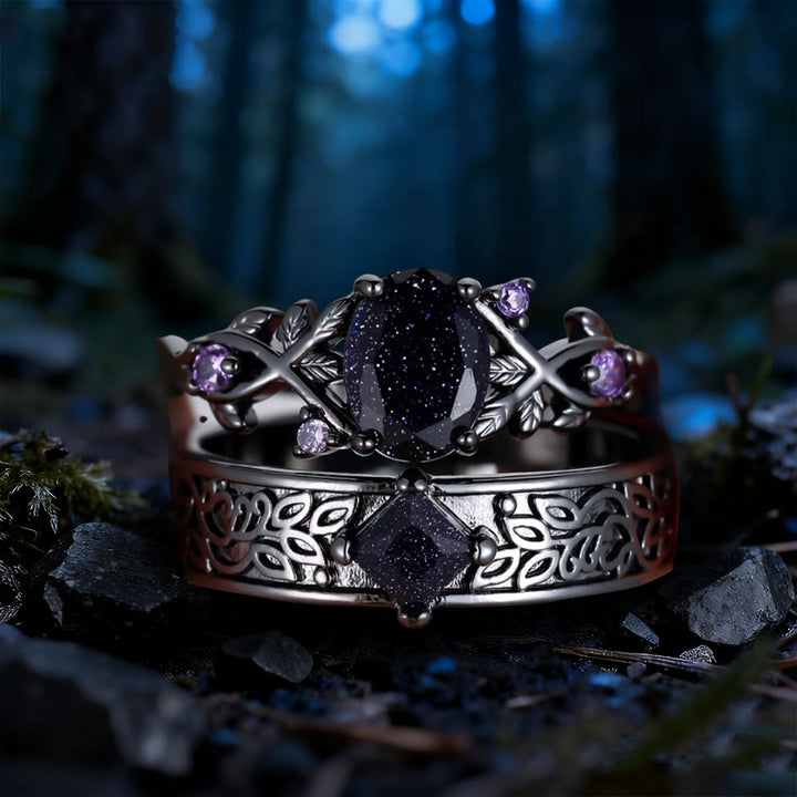 WorldNorse 2 Pcs Blue Sandstone Leaf Ring Set - Blue Sandstone & Amethyst - US 10 - image 0