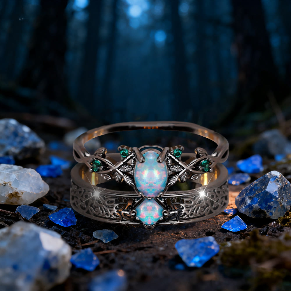 WorldNorse 2 Pcs Blue Sandstone Leaf Ring Set - Opal & Emerald - US 10 - image 5