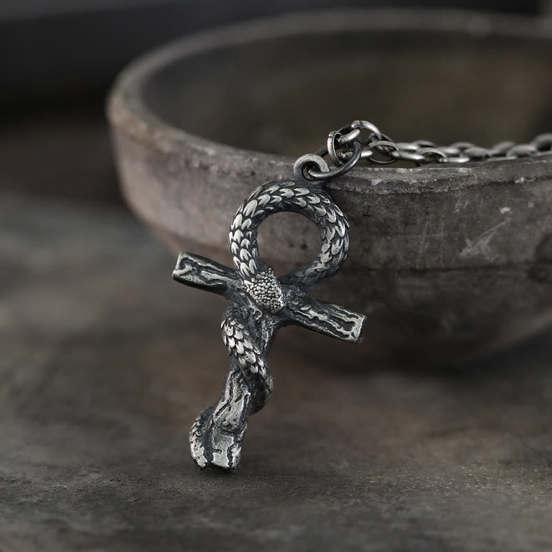 WorldNorse 999 Sterling Silver Medieval Snake Ankh Necklace - image 0