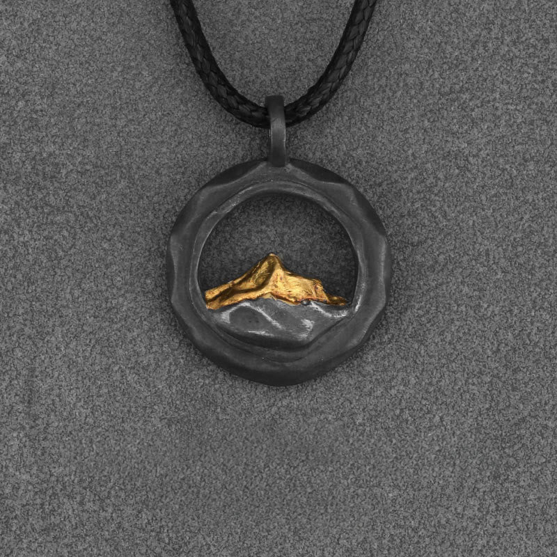 WorldNorse 999 Sterling Silver Gold Accented Mountain Necklace - Black Pendant-With Black Wax Cord - image 6
