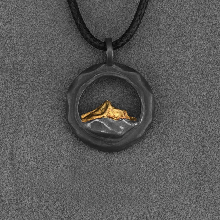 WorldNorse 999 Sterling Silver Gold Accented Mountain Necklace - Black Pendant-With Black Wax Cord - image 6