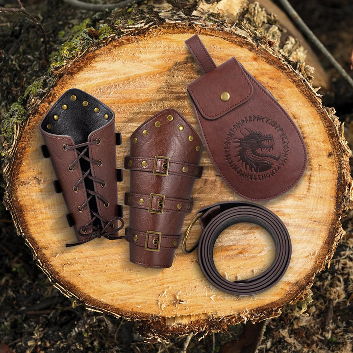 WorldNorse Vintage Dragon Embossed Buckled Bag Belt Arm Bracers Sword Belt Sheath Set - image 1