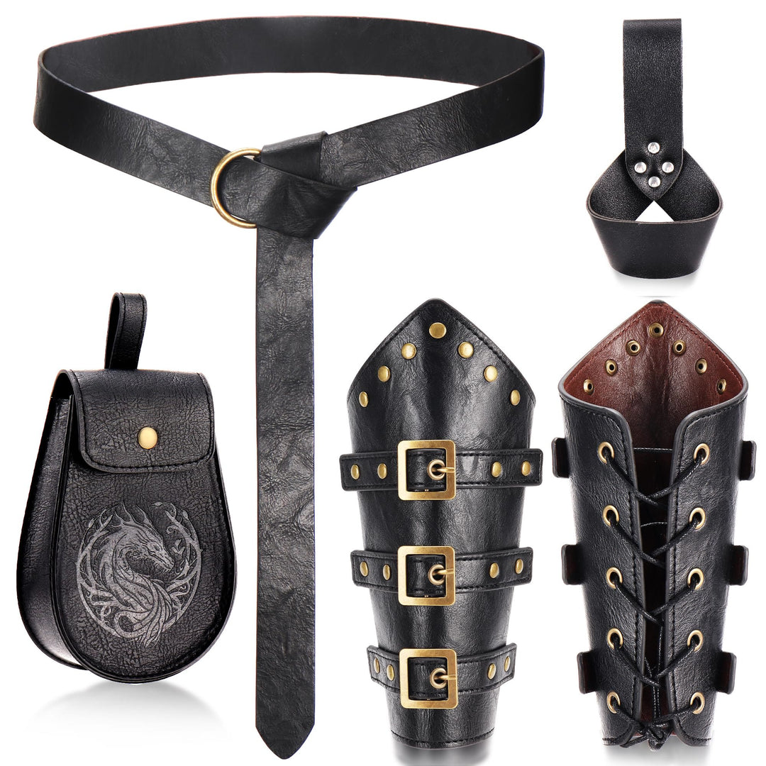 WorldNorse Vintage Dragon Embossed Buckled Bag Belt Arm Bracers Sword Belt Sheath Set - Bag＋Belt＋Arm Bracers＋Sword Belt Sheath - Black - image 7