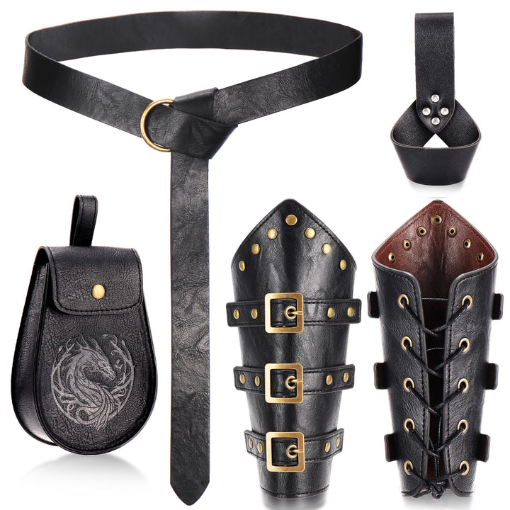 WorldNorse Vintage Dragon Embossed Buckled Bag Belt Arm Bracers Sword Belt Sheath Set - Bag＋Belt＋Arm Bracers＋Sword Belt Sheath - Black - image 7