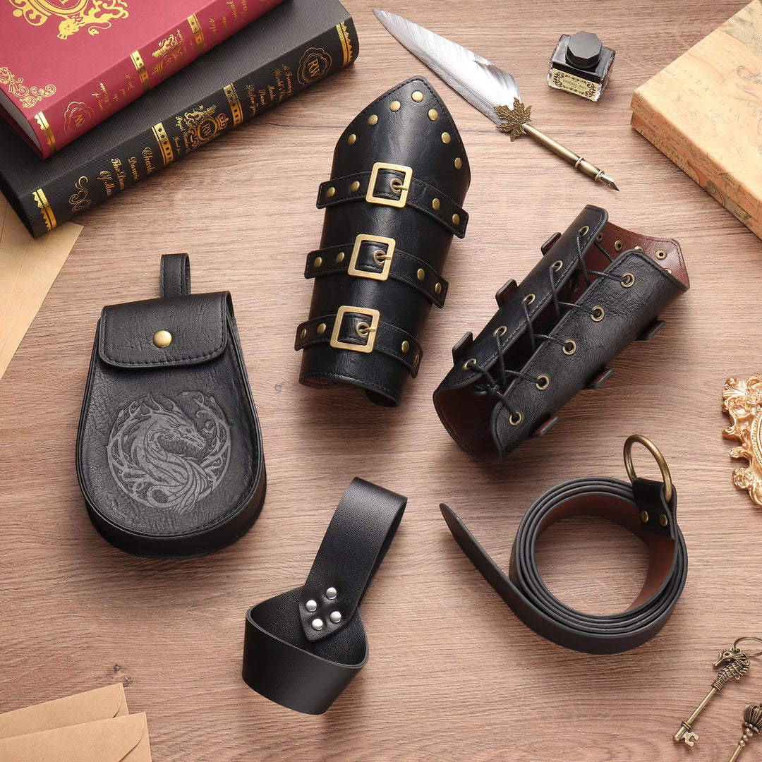 WorldNorse Vintage Dragon Embossed Buckled Bag Belt Arm Bracers Sword Belt Sheath Set - image 10