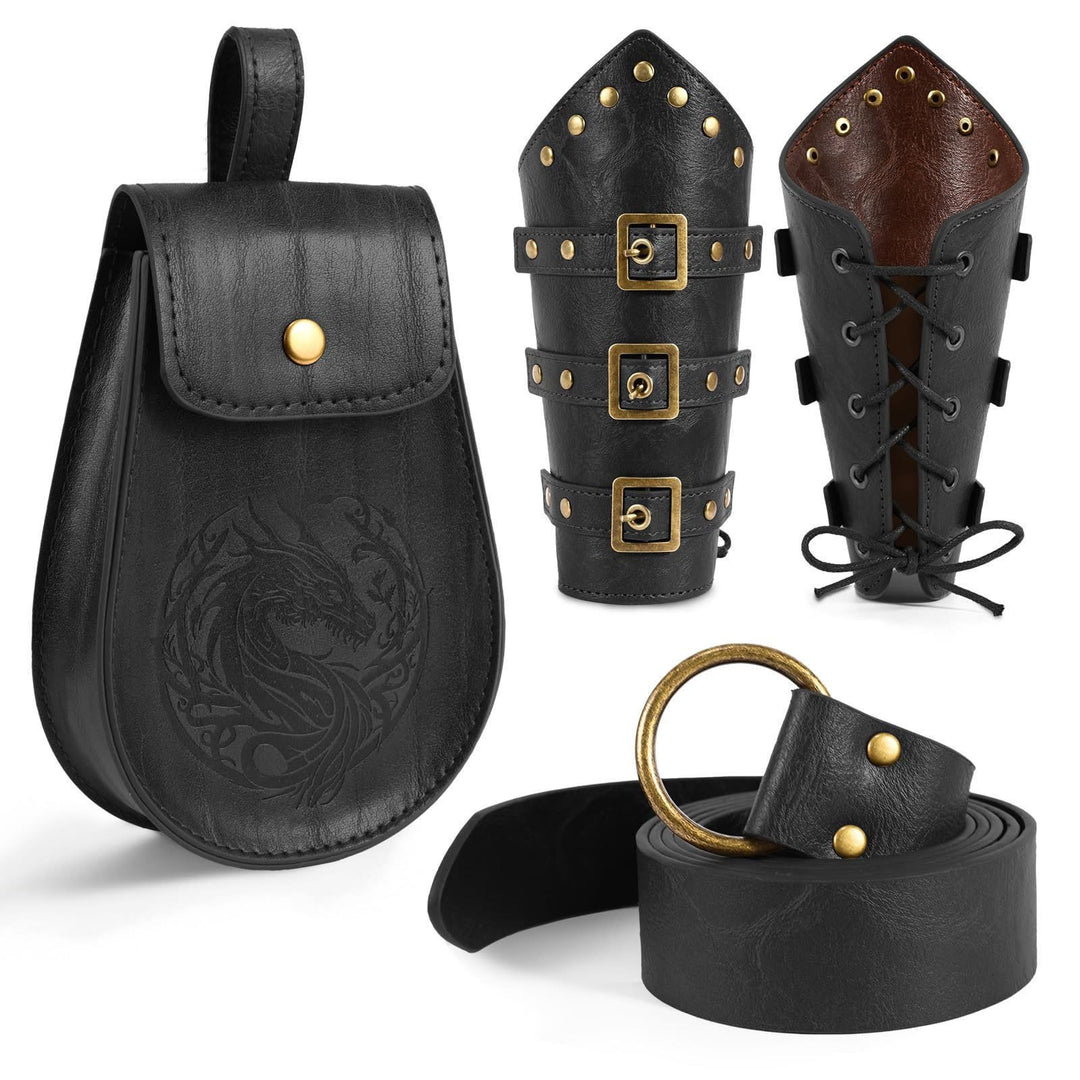 WorldNorse Vintage Dragon Embossed Buckled Bag Belt Arm Bracers Sword Belt Sheath Set - Bag＋Belt＋Arm Bracers - Black - image 2