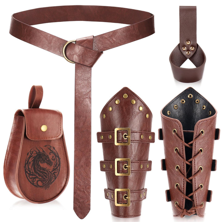 WorldNorse Vintage Dragon Embossed Buckled Bag Belt Arm Bracers Sword Belt Sheath Set - Bag＋Belt＋Arm Bracers＋Sword Belt Sheath - Brown - image 4