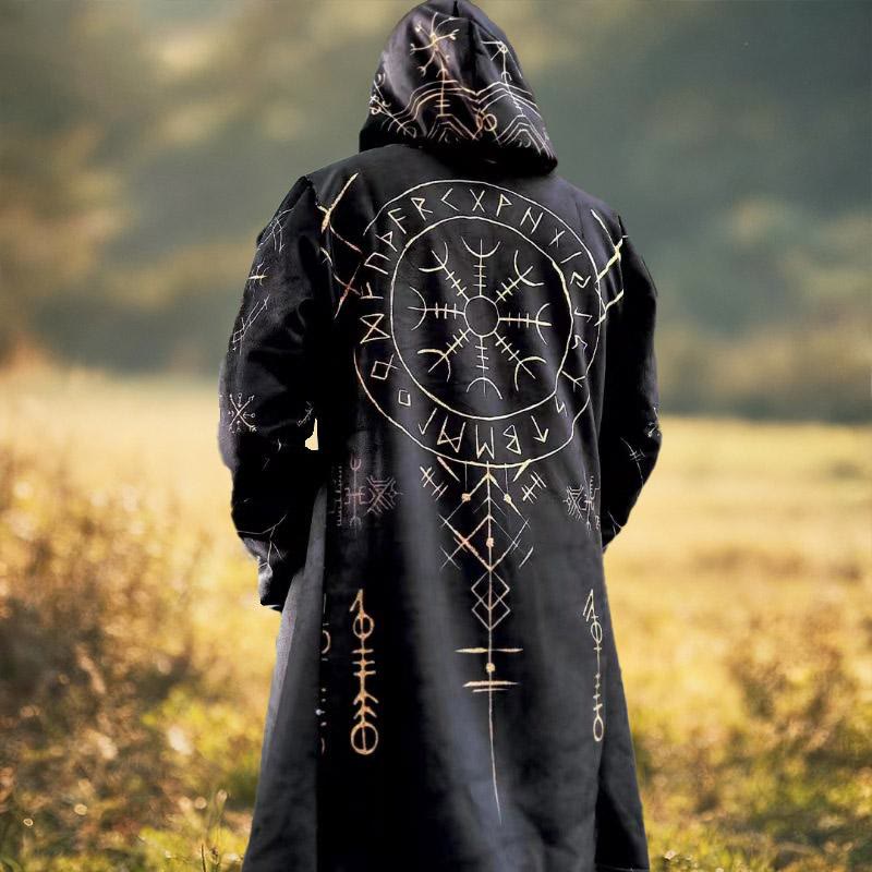 WorldNorse Vintage Rune Emblazoned Hooded Cloak Coat - Pure Black - US/UK/AU52，EU62 (6XL) - image 0