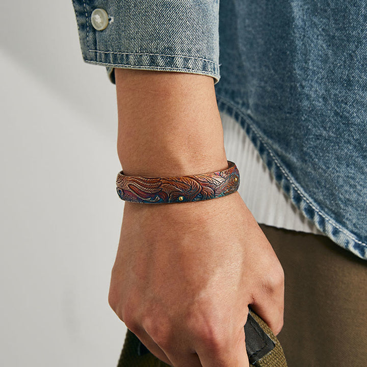 WorldNorse Handcrafted 999 Gold Hued Feather Engraved Bracelet - image 1